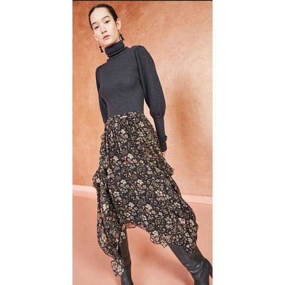 ULLA JOHNSON Torrie beige Silk Floral Print Asymmetrical Hem Midi Skirt Size 6 - Picture 6 of 15